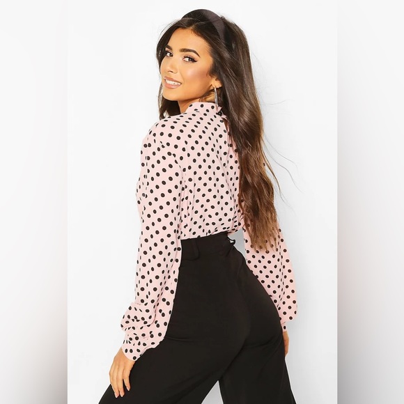 Fashion Nova Tops - Fashion Nova Polka Dot Tie Neck Detail Button Down Shirt Size Small